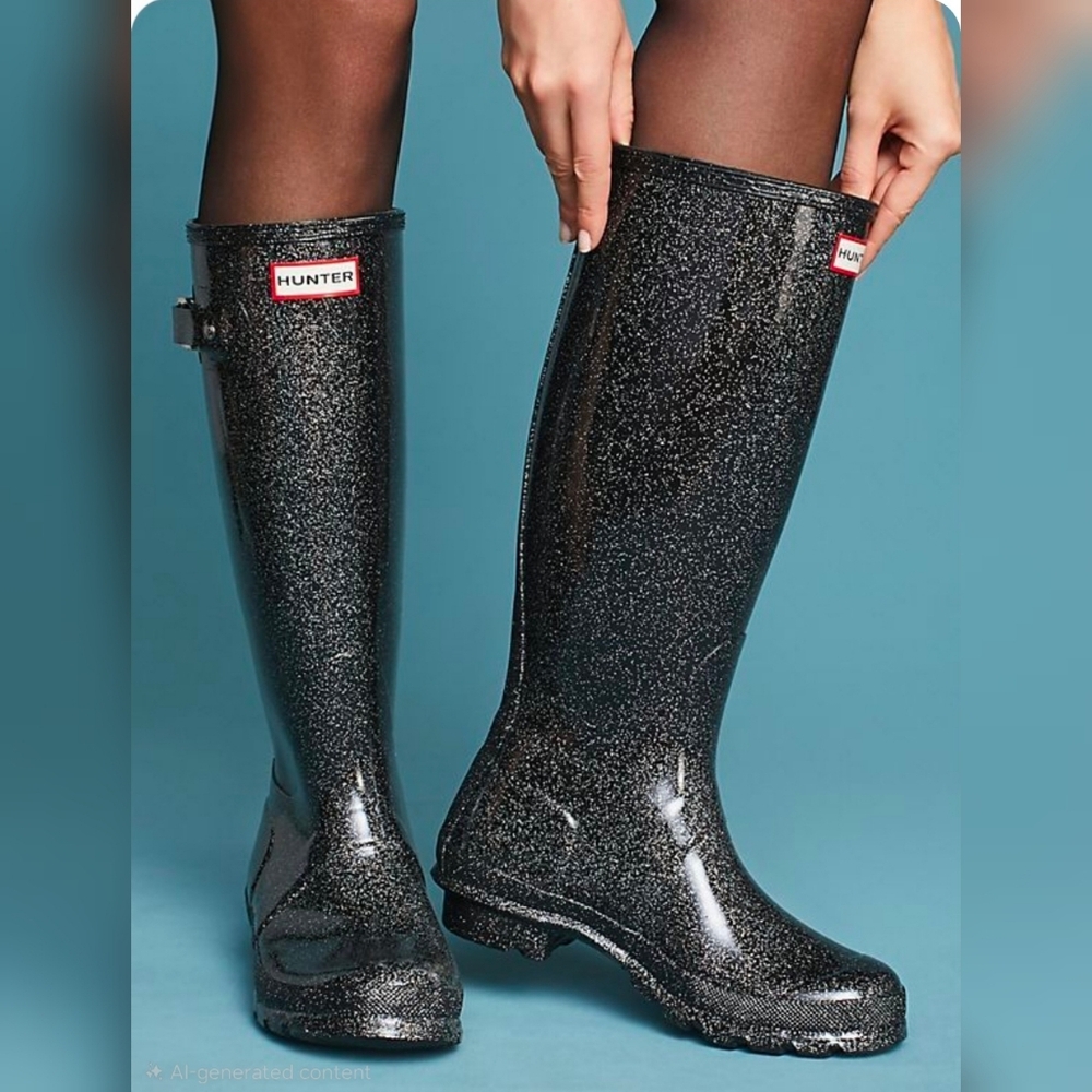 EUC Hunter Sparkle Black Glitter Rain Boots 7